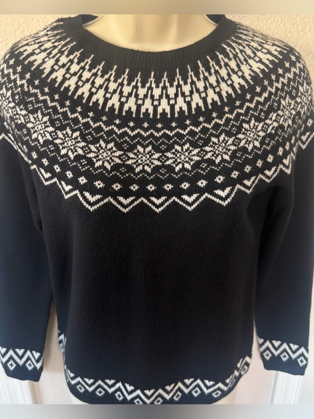 Talbots Women’s Fair Isle Crewneck Sweater Black White Nordic PXS Ski Chalet